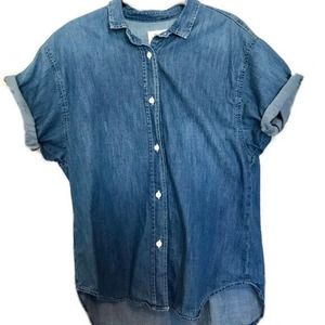 GAP 1969 Cotton Denim Chambray Button-down Shirt Size L Tall Cuffed Cap Sleeve